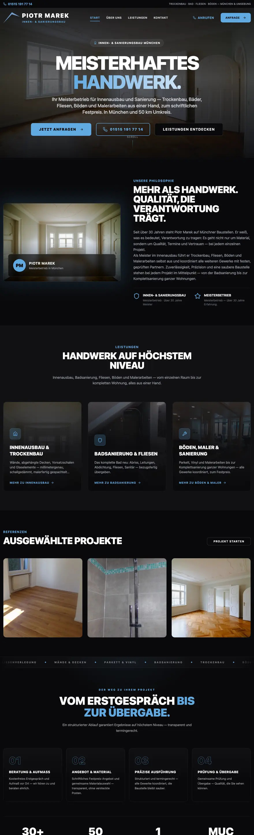 Website von Piotr Marek, Innen- und Sanierungsbau, gebaut von Anfragewerk